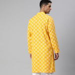 Geometric Embroidered Mandarin Collar Mirror Work Cotton Silk Straight Yellow Kurta